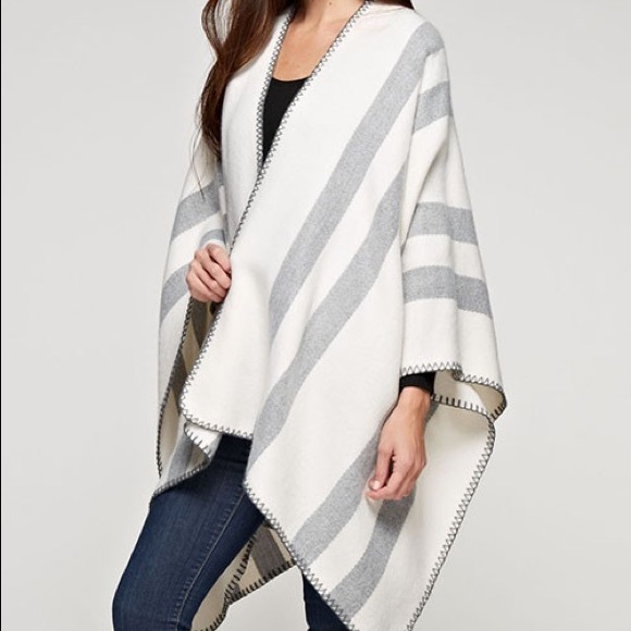Cream Striped Blanket Stitch Oversized Poncho - Picture 4 of 7